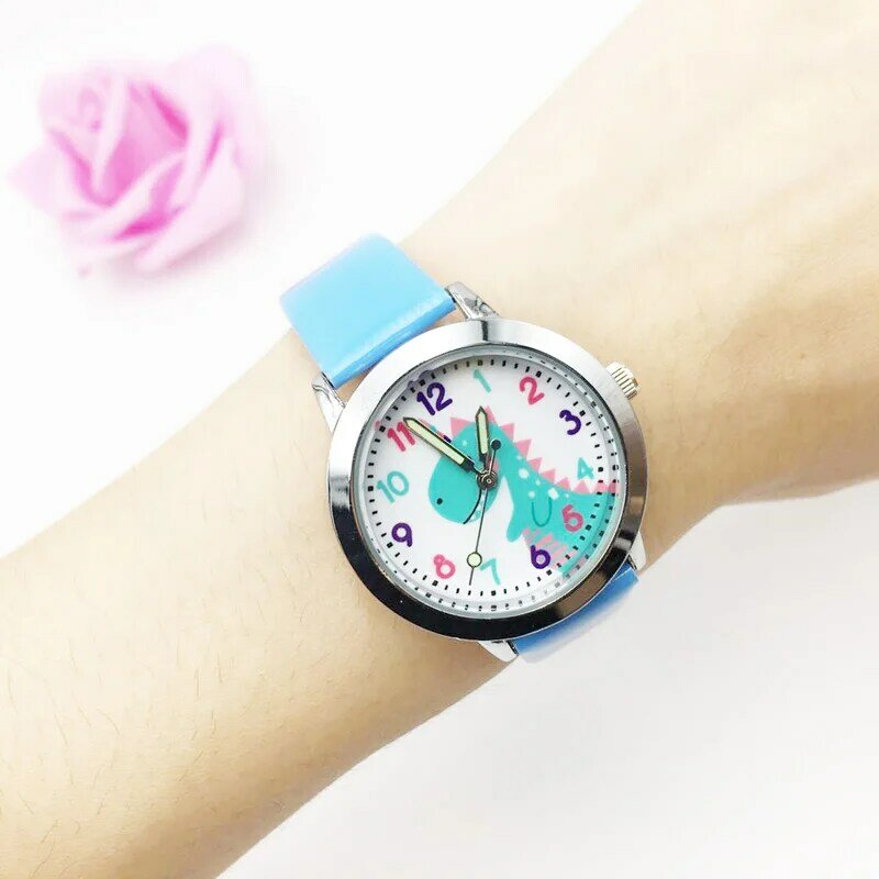 Reloj con dibujos de unicornio azul para niños y estudiantes, pulsera de mano luminosa de cuero PU, relojes de cuarzo para niñas