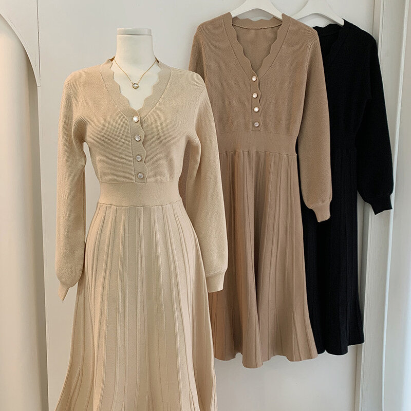 Hebe i Eos damskie jesień 2021 z dzianiny sukienka elegancka sukienka Vintage jednolity kolor, długi rękaw zima sukienki swetrowe Midi sukienka Femm