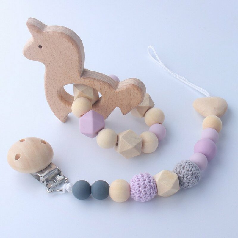 Ensemble de jouets de dentition en hêtre pour bébé, perles en Silicone de qualité alimentaire, Clips de chaîne de sucette, anneau de dentition, chaîne porte-sucette