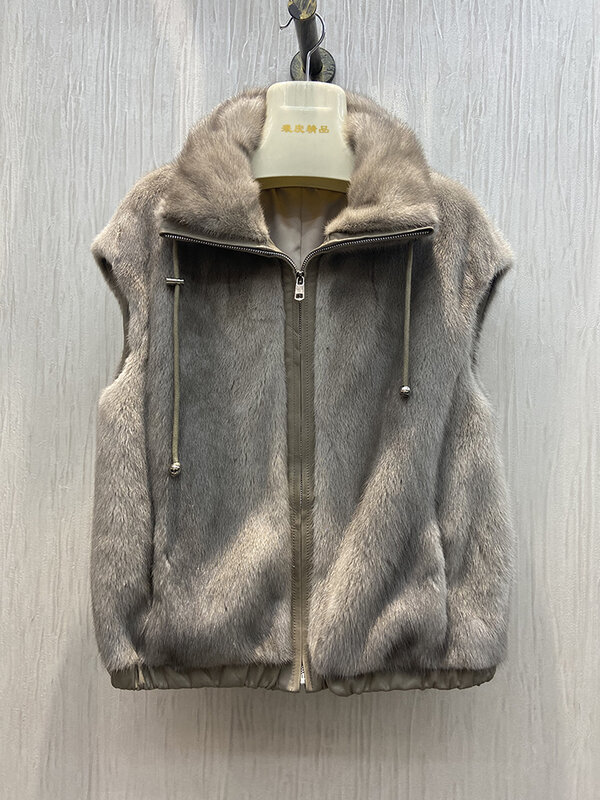 2023 New Arrival Hot Sale Fashion Women Winter Thick Warm Real Mink Fur Vest Sleeveless Mink Fur Collar Zipper Waistcoat