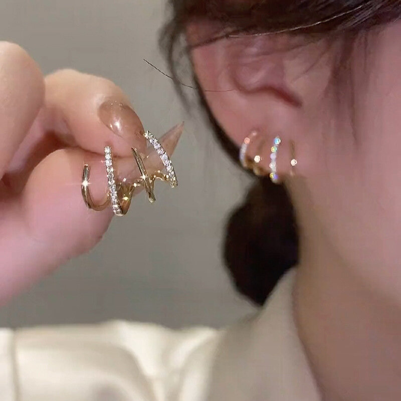 진짜 골드 도금 925 실버 바늘 지르콘 여성을 위한 멀티 레이어 귀걸이, 작은 오피스 레이디 반짝이 트렌드 쥬얼리 액세서리
