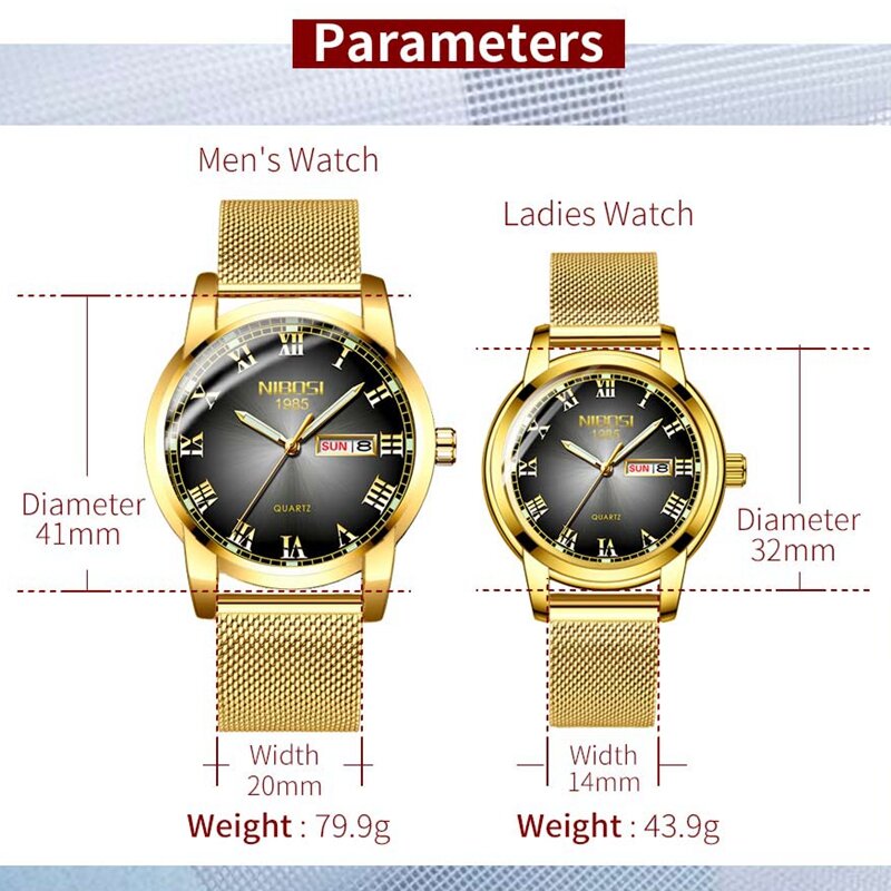 NIBOSI-Reloj de pulsera de cuarzo luminoso para parejas, cronógrafo dorado de lujo, resistente al agua, regalo para parejas, para amantes, femenino