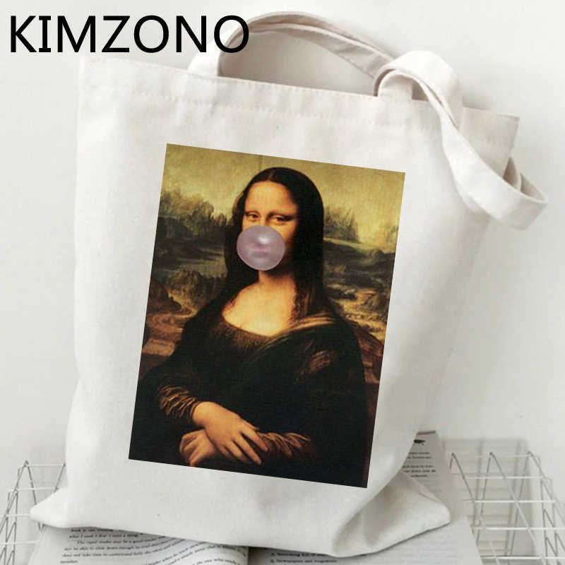 Mona lisa sacola de compras juta saco de compras compras de lona de supermercado reutilizável sacola juta bolsa compra net tecido personalizado
