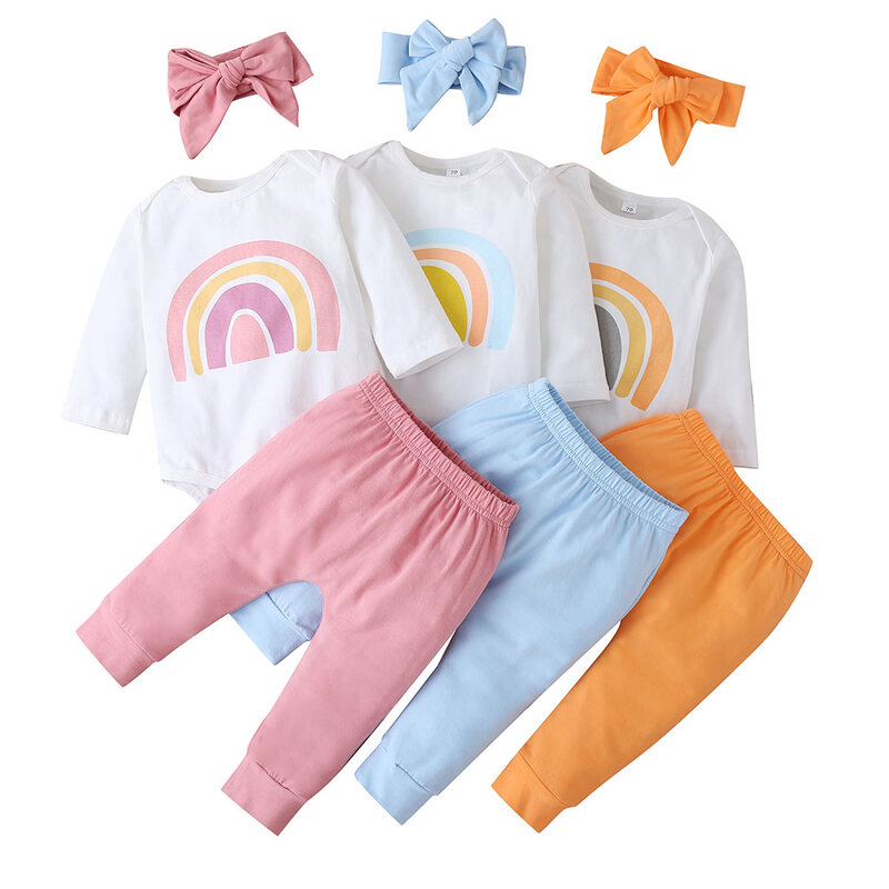 2020 летний комплект одежды для новорожденных девочек, комбинезон с длинными рукавами и принтом радуги + однотонные штаны + повязка на голову, ...
