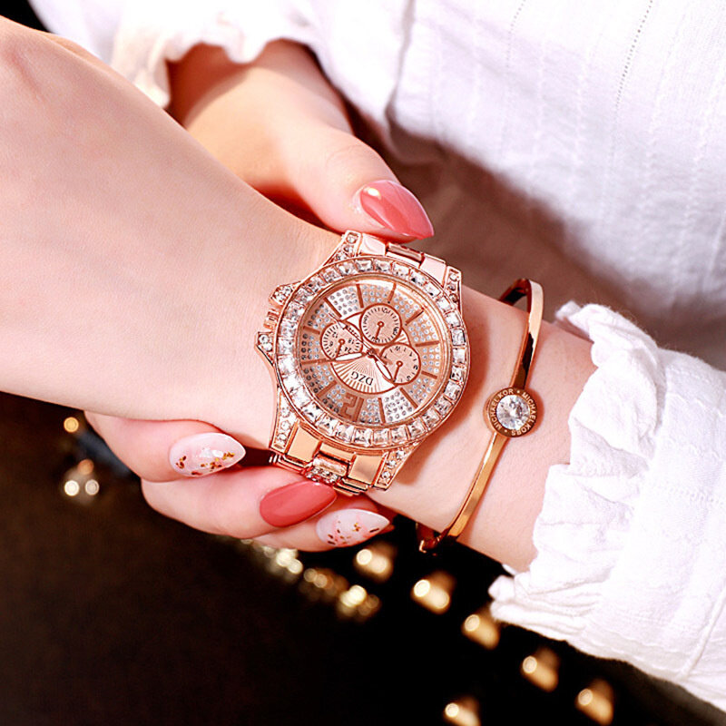 Luksusowe marki panie zegarka kobiet zegarek analogowy trzy-oko diament codzienne zegarki ze stali pasek stopu kwarcowy zegarek świąteczny zegar na prezent