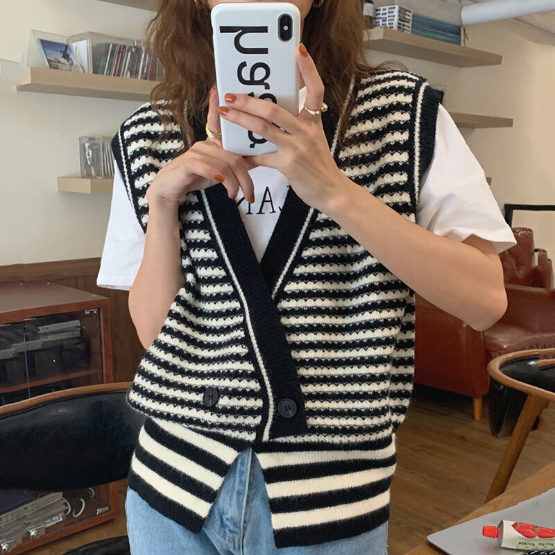 Phụ Nữ Hàn Quốc Áo Len Chicv Cổ Màu Sắc Tương Phản Ba Chiều Sọc Thiết Kế Rời Hai Dệt Kim Áo Vest