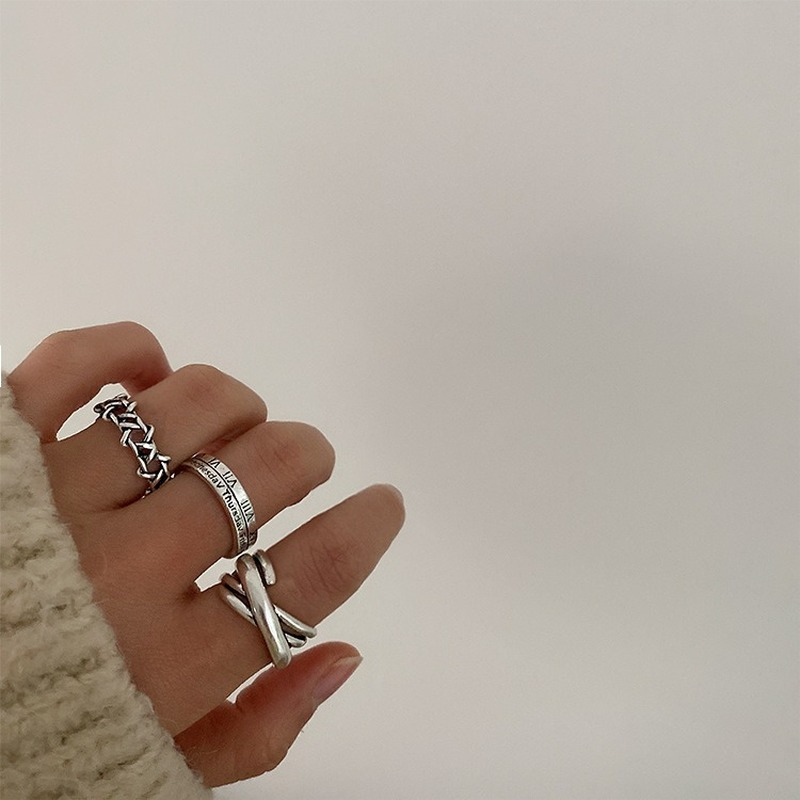 Anel feminino de prata esterlina 2021, combinação de anéis, vários estilos, retrô, geométrico, ajustável, aberto, temperamento feminino