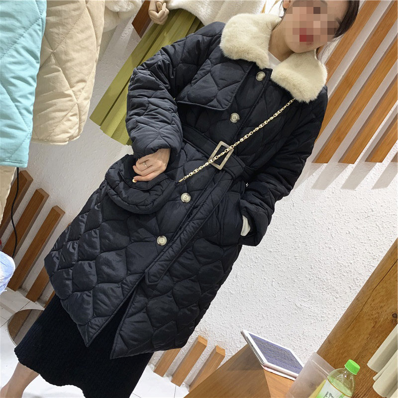 화이트 레이스 업 허리 한국 스타일 루즈핏 롱 겨울 코트 여성용, 버튼 패딩, 숙녀 스노우웨어, 2021