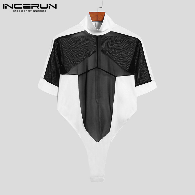 INCERUN Homewear Fashion Mens Sexy Leisure Short Turtleneck Solid Comfortable Splicing Breathable Mesh Sleeveless Bodysuit S-5XL