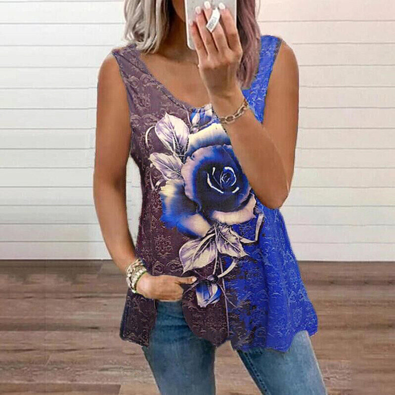 5XL suelto de talla grande camisa de las mujeres sin mangas de cuello en V flores blusas de verano playa Tops 2021 nuevo Casual Streetwear ropa