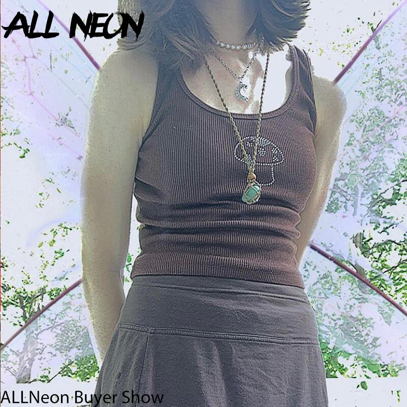 ALLNeon Indie-Camiseta sin mangas Vintage con cuello en U para mujer, Tops marrones con estampado de setas y diamantes, ropa de calle ajustada de los años 90, Y2K