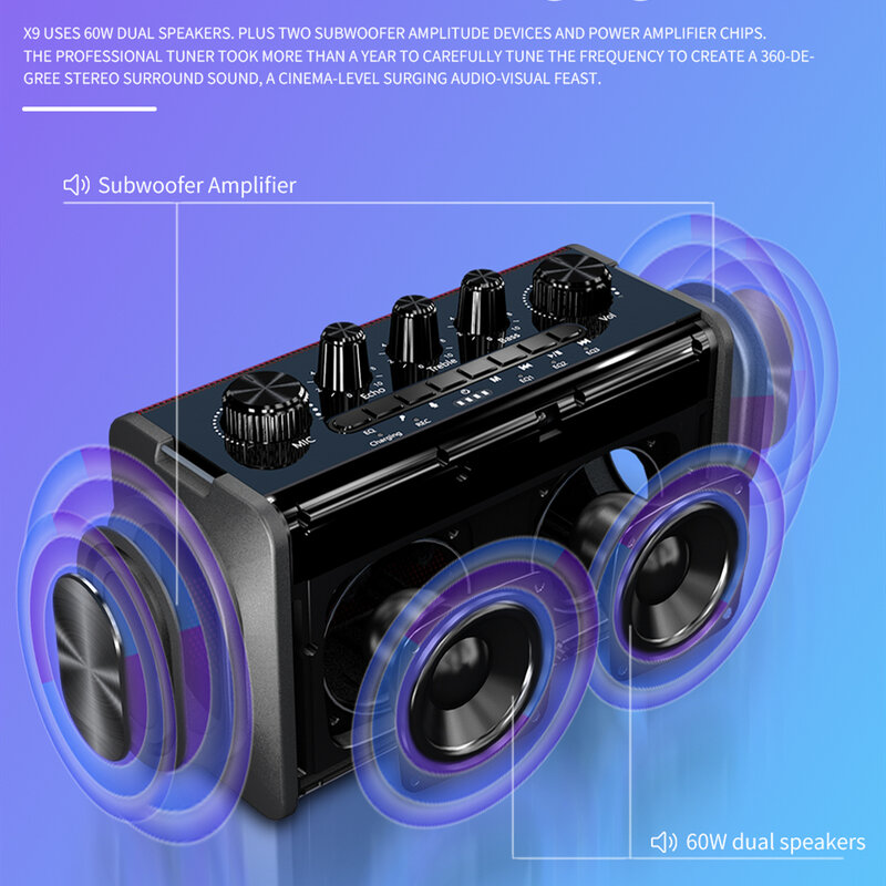 Xdobo alto-falante bluetooth 60w alta potência coluna de som ao ar livre à prova d3d água subwoofer 3d estéreo surround sistema som caixa de som
