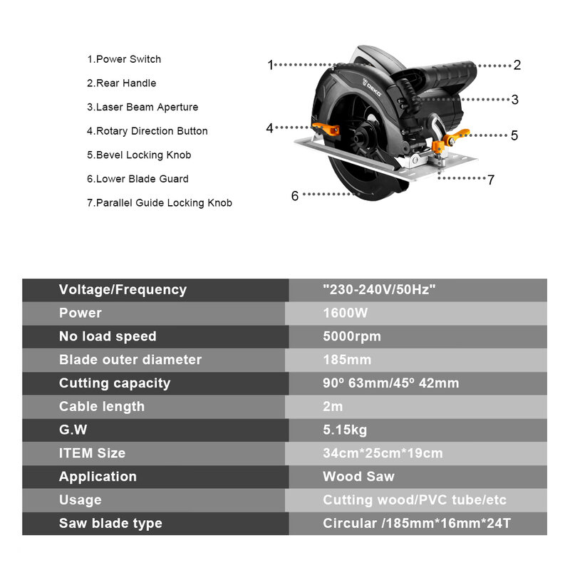 DEKO-sierra Circular DKCS1600, herramienta eléctrica portátil con ángulo de corte ajustable de 5000 RPM, Hoja para carpintería, venta directa de fábrica