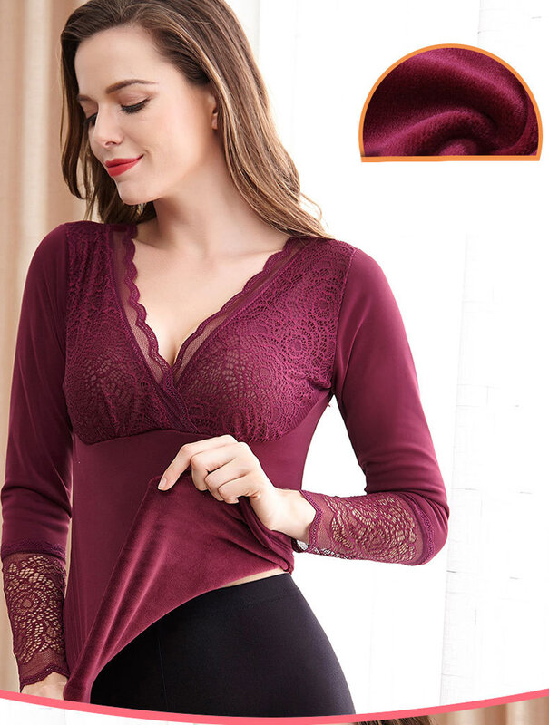 Soft  Women Winter Thermal Underwear Long Sleeve Basic Layer Pullovers Velvet Lined Tops Lace V-Neck Plus Size Blouse Warm Shirt