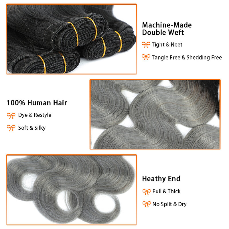 Dejavu-mechones de cabello humano ondulado Remy, pelo brasileño ombré 1B, color gris, 100% ombré, raíces oscuras, 10-24 pulgadas