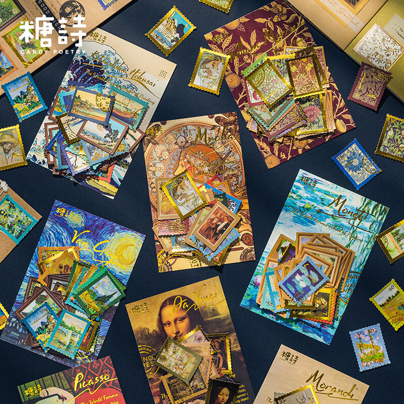 40 unids/pack famosa pintura Series Retro etiqueta decorativas doradas sello pegatinas para álbumes de recortes sobres diario planificador diario