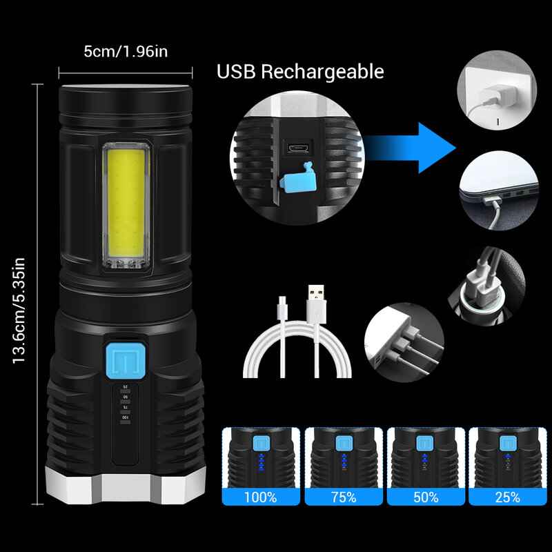 Linterna impermeable recargable por USB, lámpara ajustable de 4 LED de 2000 lúmenes, superbrillante, con batería de 18650, 4 modos