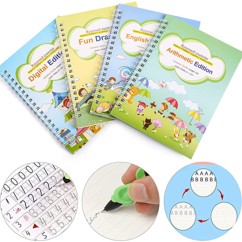 4 libri + penna libro di pratica magica pulizia gratuita giocattolo per bambini adesivo per scrittura quaderno inglese per calligrafia giocattoli Montessori