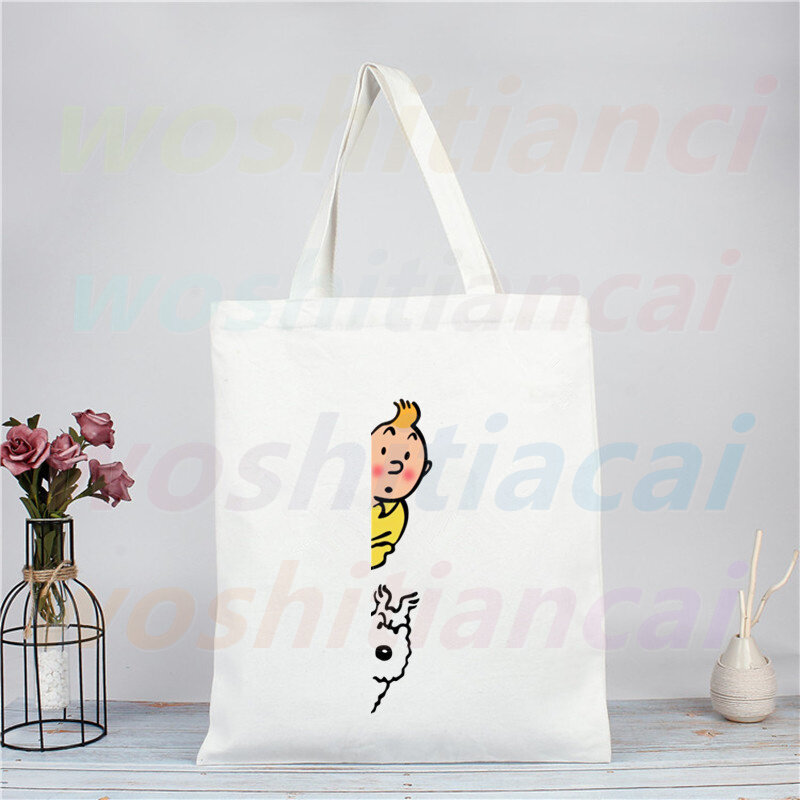 Desenhos animados tintin engraçado sacola de compras eco lona shopper bolsas de tela saco de compras sacolas reutilizáveis