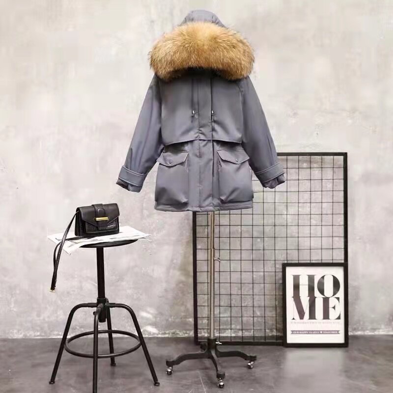 Manteau à capuche en fourrure naturelle de raton laveur et de renard pour femme, veste épaisse en duvet 90%, parka blanche chaude pour l'extérieur