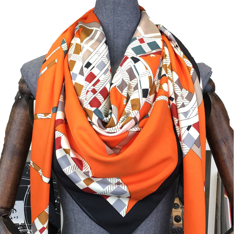 Novo design130cm sarja 100% lenço quadrado de seda marca cachecol feminino xale design de moda xadrez carruagem bandana lenço lenços