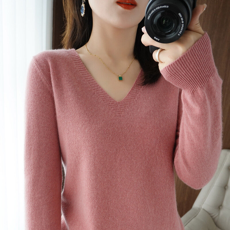 Feminino quente com decote em v outono/inverno primavera nova camisola de caxemira camisola pulôver moda coreano manga comprida solta topo casual