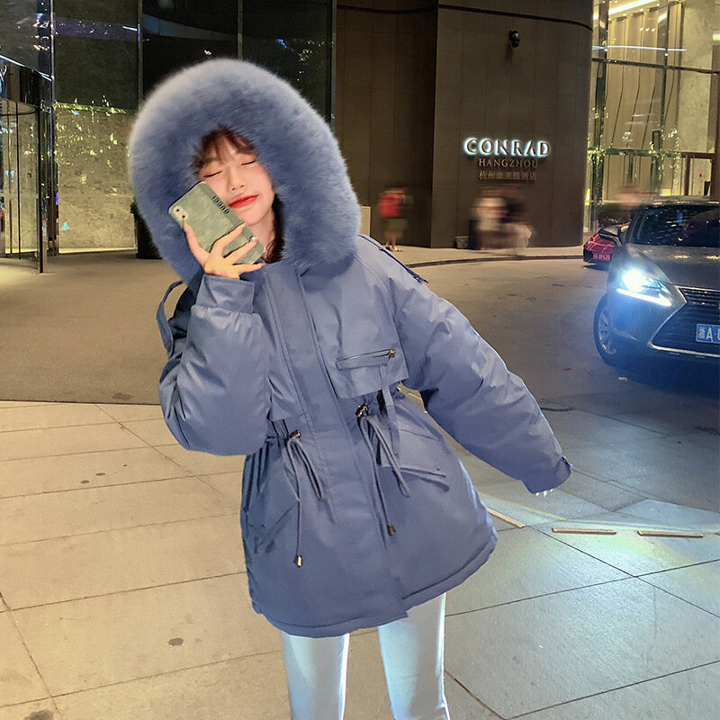 MGFashion Mid-length Korean winter coat women 2021 Hooded zipper to keep warm Outwear Thickened Tooling style Women parka S-XXL