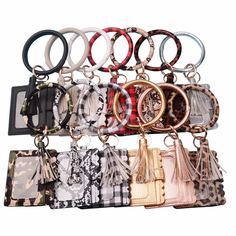2020 Neue Heiße Verkauf Schlüsselbund Tasche für Frauen Männer Leopard O Brieftasche PU Leder Quaste Karte Tasche Mode Armband Keychain schmuck
