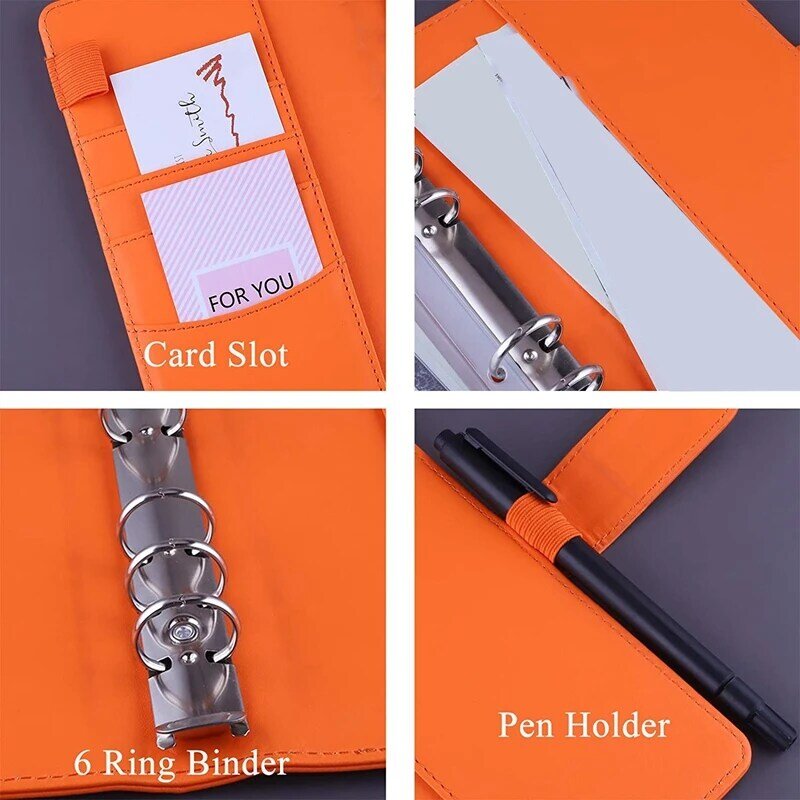 13Pcs A6 Binder Pockets With A6 PU Leather Binder Sleeve 6-Ring Budget Binder With Cash Envelope, Budget Envelope System