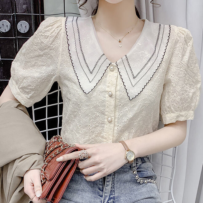 2021 summer new foreign style aging doll collar white shirt female design sense niche French bubble short-sleeved shirt