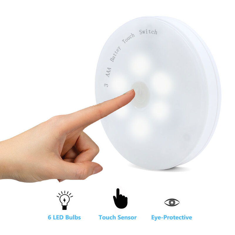 DONWEI Round Touch Sensor 6LED Night Light Cabinet Light 3*AAA Battery Operated Wall Lamp for Hallway Pathway Staircase Bedsided