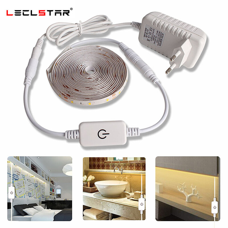 Bande lumineuse LED 2835 étanche, ruban blanc chaud, DC 12V, variable, interrupteur à capteur tactile, pour armoire de chambre, lampe de cuisine, 5M