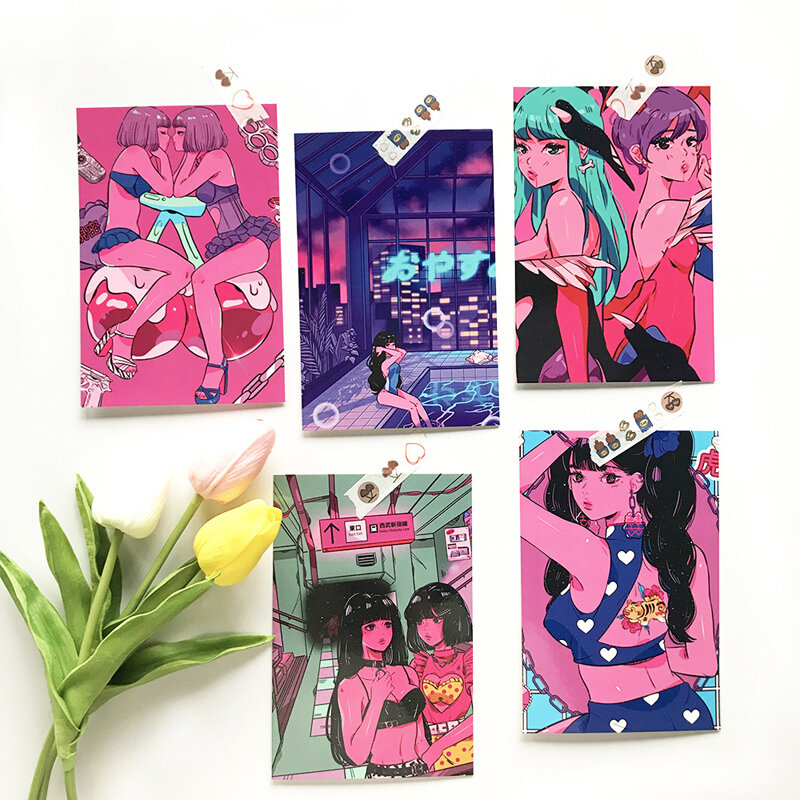 Japońska witalność słodka dziewczyna kreskówka dekoracyjna karta 8 arkuszy rekwizyty fotograficzne Retro Mini plakat na ścianę naklejka Kawaii prezent pocztówka