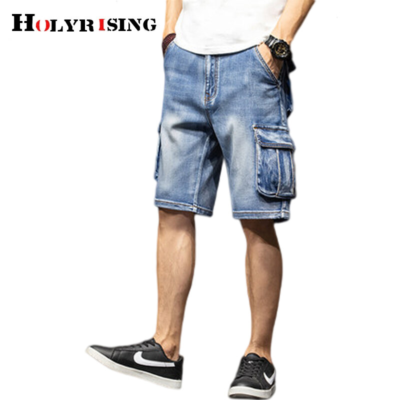 Calção jeans masculina de verão, clássico, multi bolsos, stretch, confortável, respirável, plus size 44