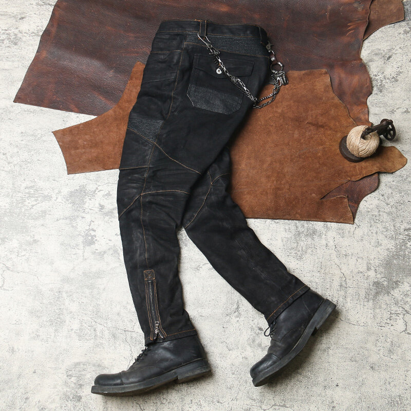 2021 preto estilo da motocicleta calças de couro genuíno dos homens mais tamanho 4xl real natural pele carneiro outono magro ajuste calças