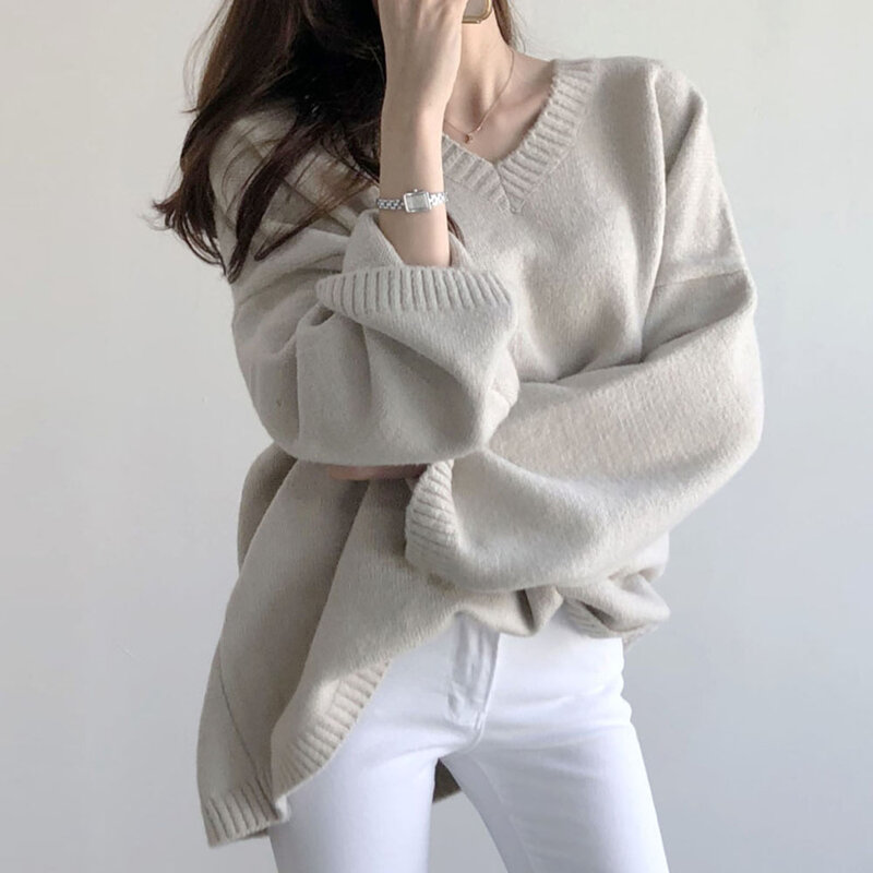 女性用長袖セーター,Vネック,無地,韓国ファッション,カジュアル,シンプル,ニット,2021