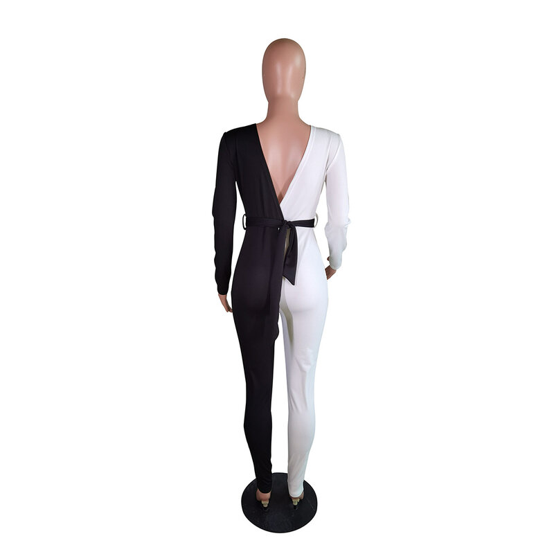Sexy manga longa das senhoras macacões preto branco retalhos magro macacão clube roupas para as mulheres 2021 nova primavera roupas femininas