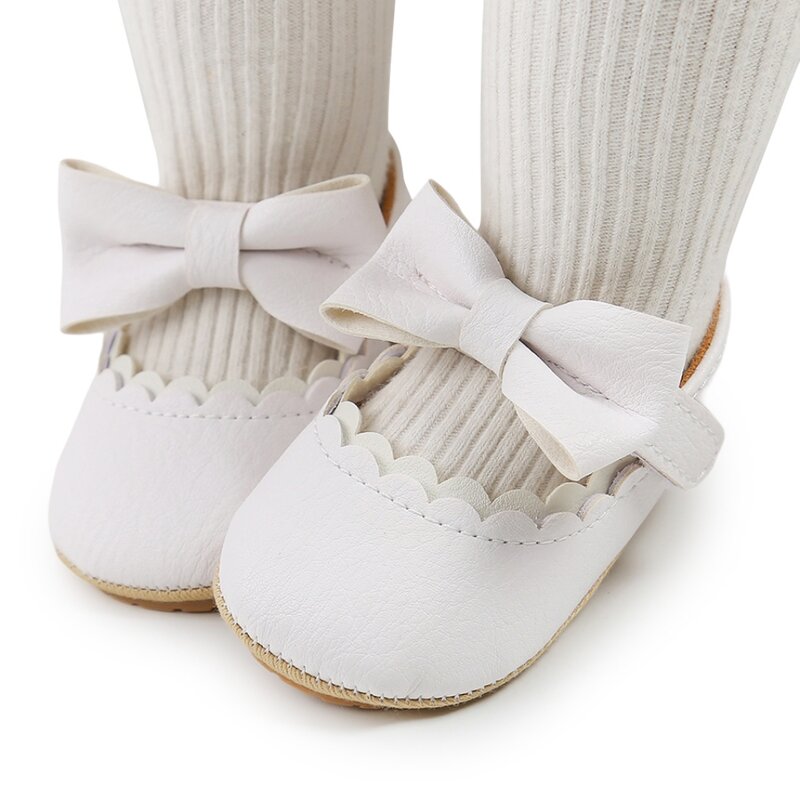 Sepatu Bayi Perempuan Antiselip Sol Lembut Kulit PU Sepatu Boks Berjalan Pertama Ikatan Simpul Flat Mary Jane Balita Musim Semi + Kaus Kaki 0-18M