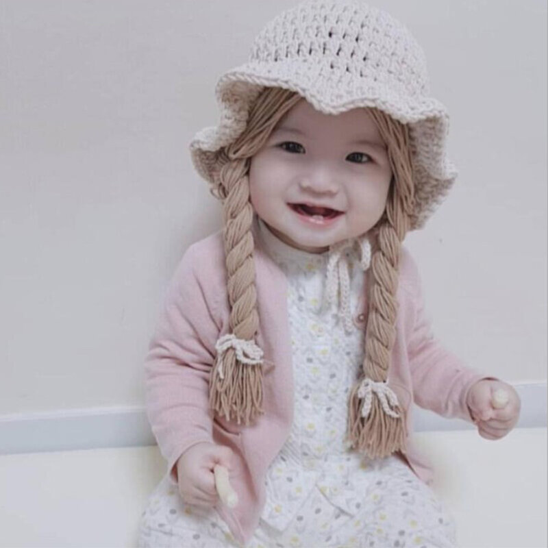 Gorro tricotado macio para crianças, chapéu fofo com peruca e trança grande para bebês meninos e meninas roupas de princesa chapéu de aniversário e natal 48-52cm