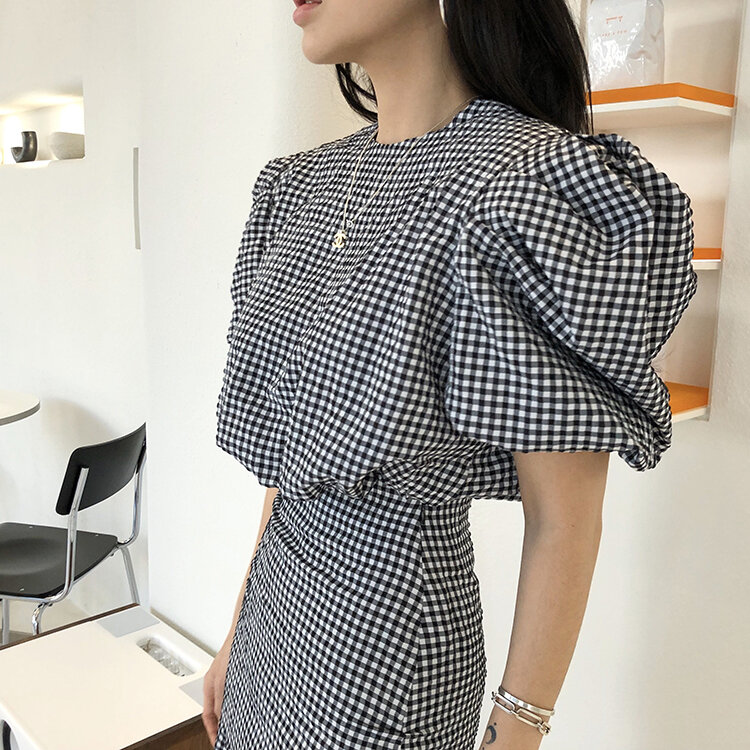 2022 New Summer Women fashion Sexy Plaid Puff short sleeve shirt + Bodycon Long mermaid Skirt Sets 2 Pieces Sets Casual Suit Set