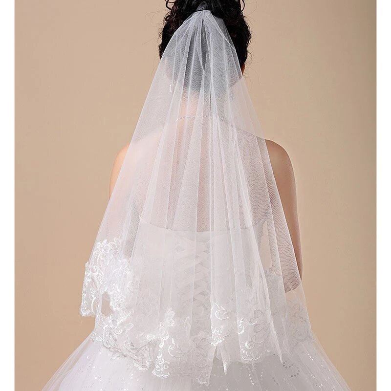 Velo de novia con apliques de encaje blanco, velo de gasa de mariee de una capa, accesorio de boda, veu de noiva longo