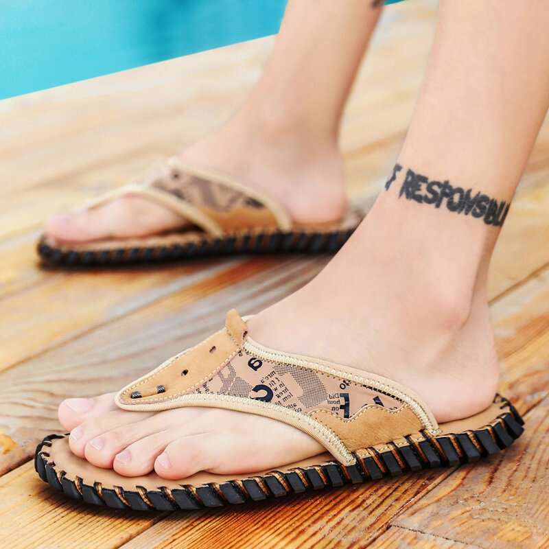 Yishen chinelos masculinos de verão, sandálias de praia confortáveis para homens, sapatos casuais, calçados com correia de couro genuíno para área externa
