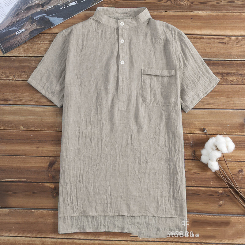 Men's Casual Blouse Cotton Linen Shirt Loose Tops Short Sleeve Tee Shirt Spring Autumn Summer Casual Handsome Men Shirt