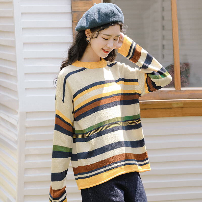 Suéter holgado de manga larga para mujer, Jersey elegante de Color caqui a juego con rayas para estudiantes, otoño e invierno, novedad de 2020