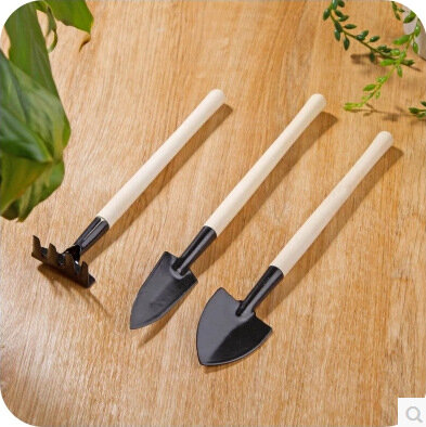 3 unids/set pala Mini juego de rastrillos mango de madera de cabeza de Metal pala para flores plantas en macetas Mini herramienta de jardinería de difusores