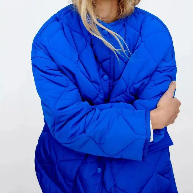 Winter Blauw Vrouwen Parka 2022 Mode Warme Katoen Lange Mouw Jas Jas Rits O-hals Vrouwelijke Casual Uitloper Chic Tops