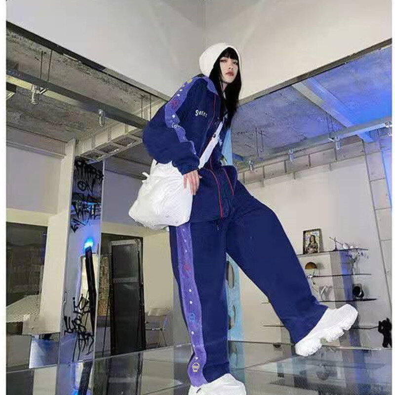 Y2k wiosna jesień Streetwear kurtka spodnie kobiety 2021 nowy luźny koreański styl sztruks TwoPiece zestaw nastolatki dres Unisex pary