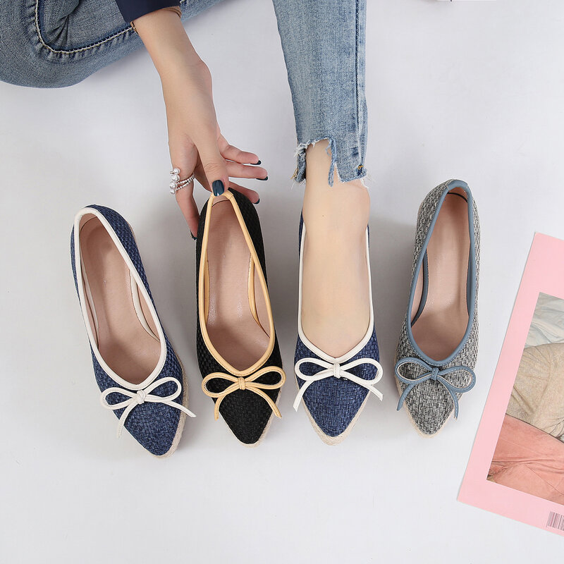 Women Bow High Heels Platform Shoes Summer Pointed Toe Wedges Lady Leisure Vacation Weave Espadrilles Female Comfortable Pumps