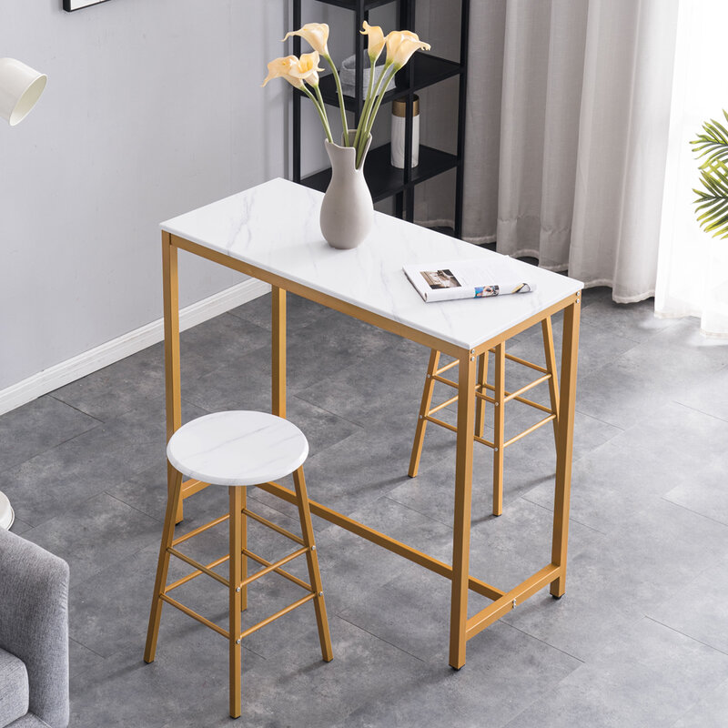 3Pcs Marble Bar ชุดตาราง1*2 * เก้าอี้ไม้ Simple Home Furniture โต๊ะเก้าอี้ชุดผับห้องครัวห้องนั่งเล่นหรูหราสีขาว