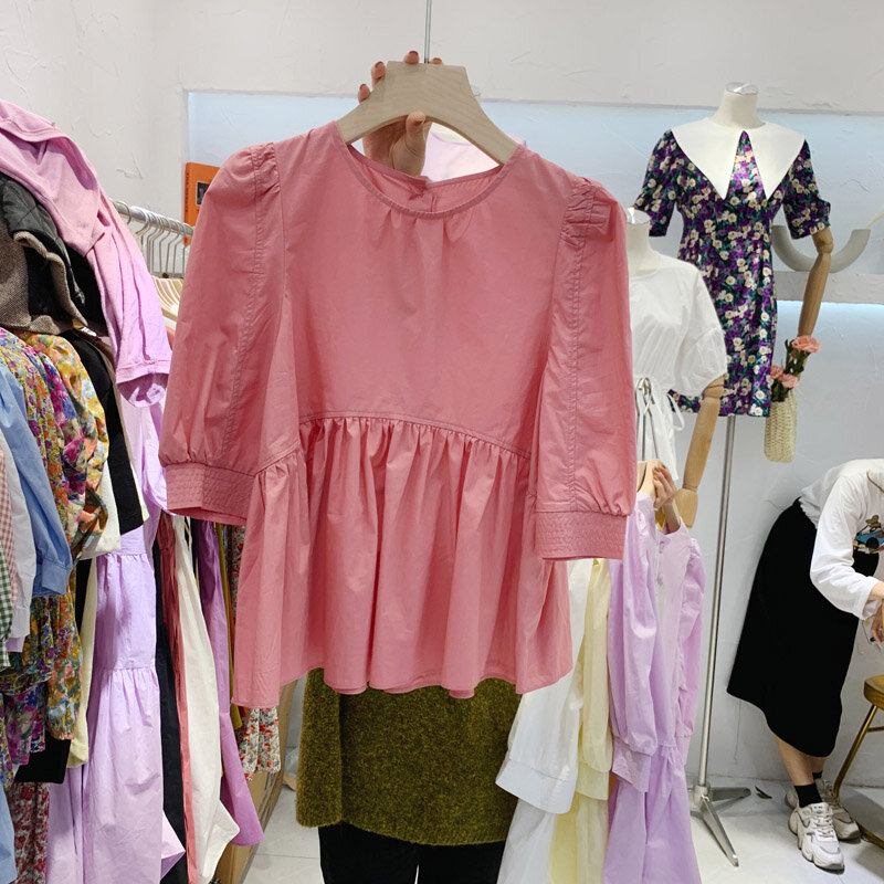 Südkorea Dongdaemun 2021 Frühling/Sommer Neue Puff Hülse Süße Saum Pullover rundhals Slim Fit Kleine Hemd Top trendy Frauen